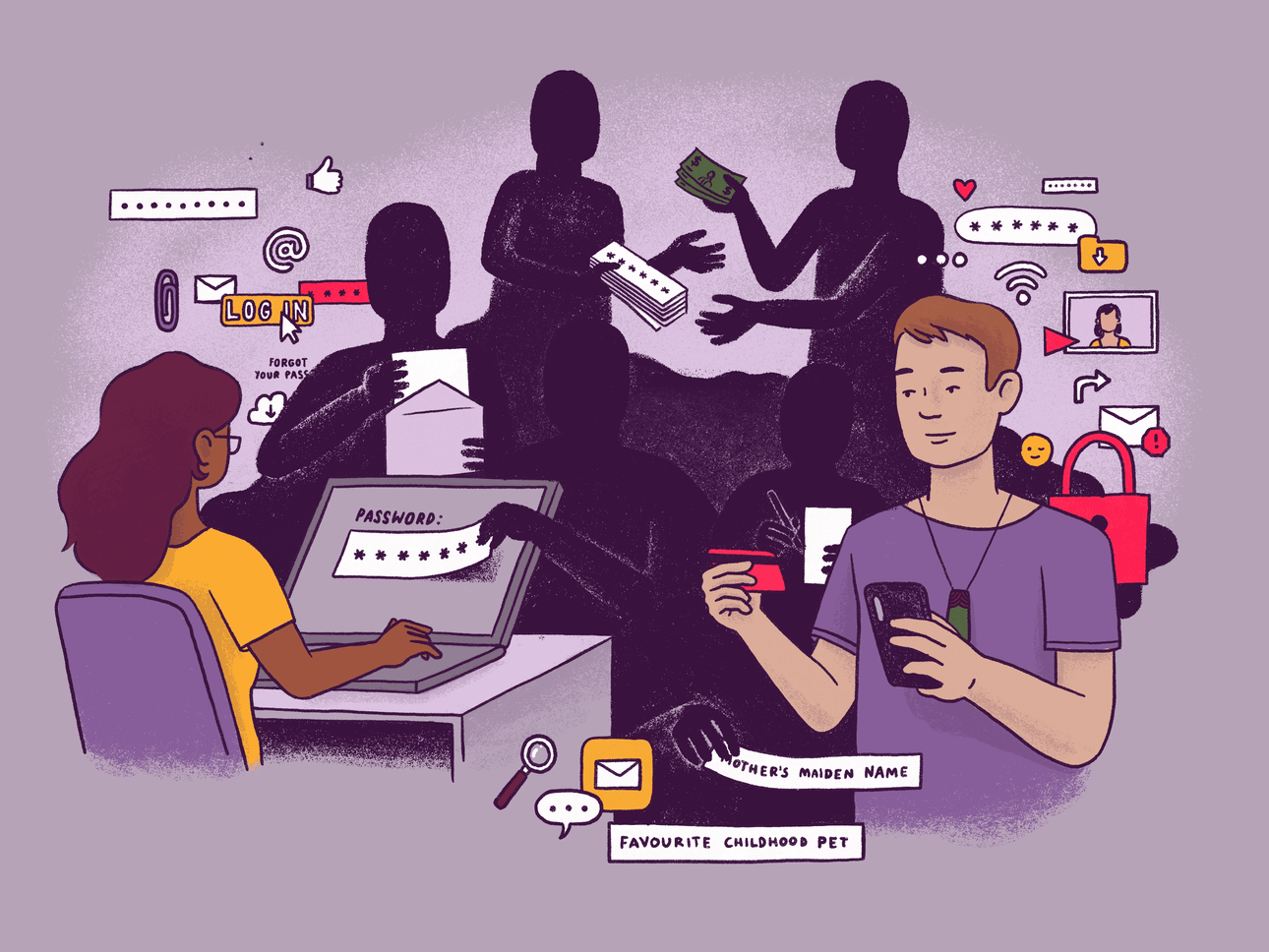 a stylised depiction of data insecurity. people use computers and devices, while shadowy figures eavesdrop and physically steal representations of their personal data