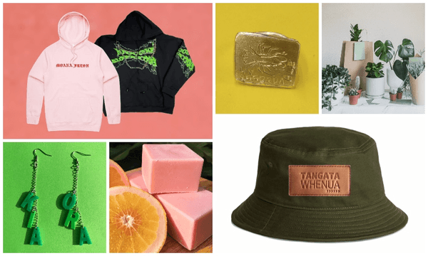 Clockwise from top left: Hoodies from Moana Fresh and Karaoke Superstars, ring by Turumeke Harrington, plants from Potplant Studio, bucket hat from Tukau Legacy (InnoNative), soap from Manea Beauty, earrings from Fluff. 
