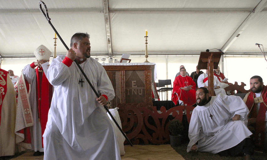 Archbishop Don Tamihere leading a haka, supported by his minita, after being installed as Pīhopa o Aotearoa at a service at Manutuke. (Photo: Lloyd Ashton, April 2018) 
