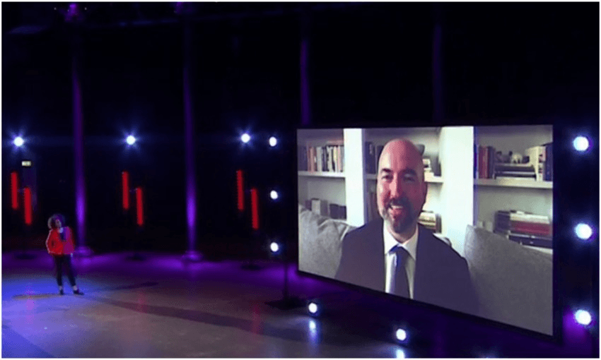 Doug Stuart on big screen during Booker Prize 2020 ceremony