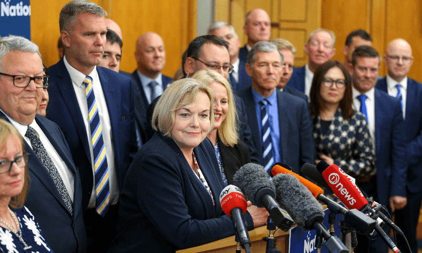 Judith Collins and her pre-reshuffle caucus at a press conference at parliament on October 20 (Photo: Lynn Grieveson/Newsroom via Getty Images) 

