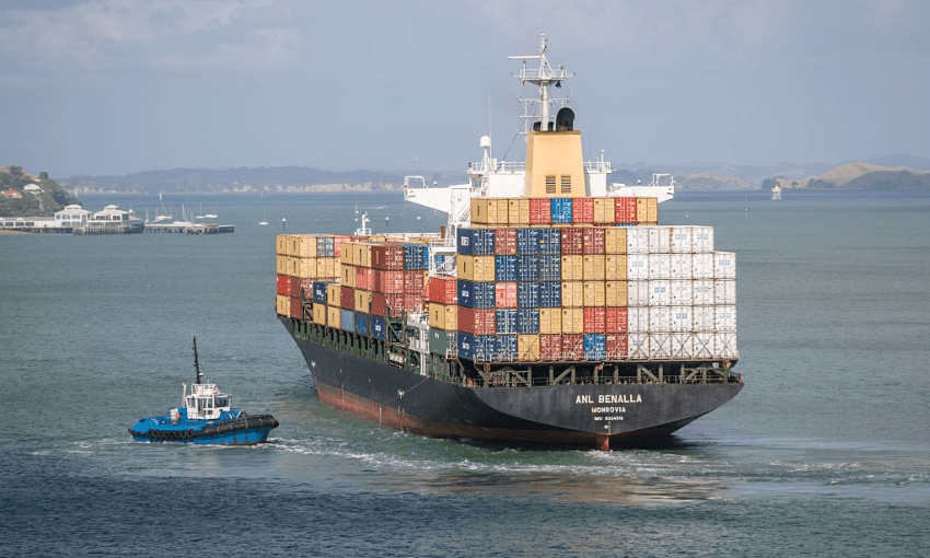 A container ship in Auckland harbour