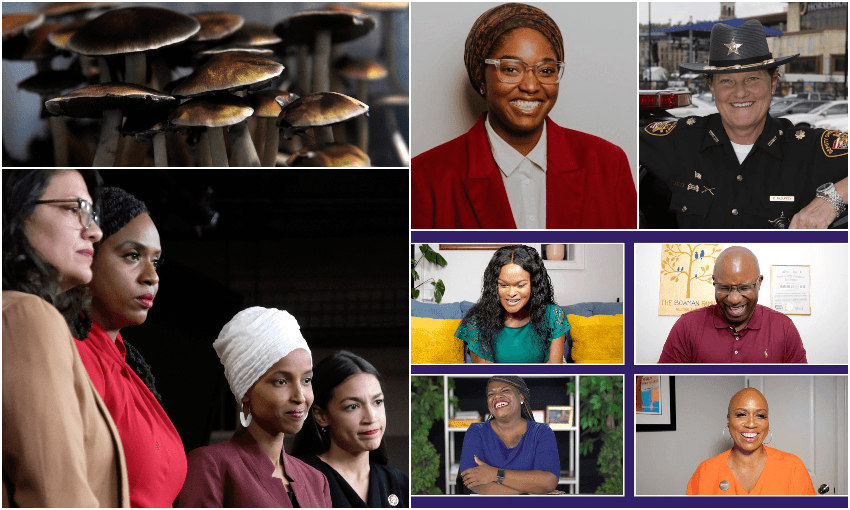 Clockwise from top left: magic mushrooms; Mauree Turner; Charmaine McGuffey; Raquel Wills, Jamaal Bowman, Cori Bush and Ayanna Pressley; Rashida Tlaib, Ayanna Pressley, Ilhan Omar and Alexandria Ocasio-Cortez (Photos: Getty Images) 
