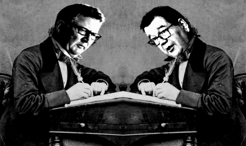 Adrian Orr and Grant Robertson with quills. 
