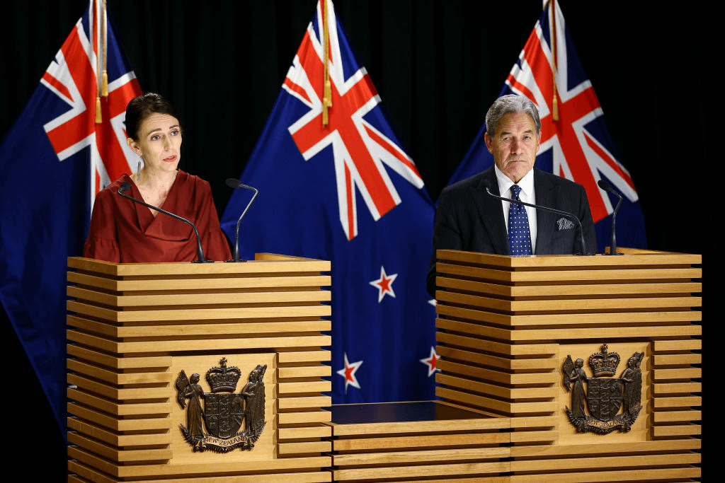 Jacinda Ardern and Deputy Prime Minister Winston Peters  (Photo by Hagen Hopkins/Getty Images) 
