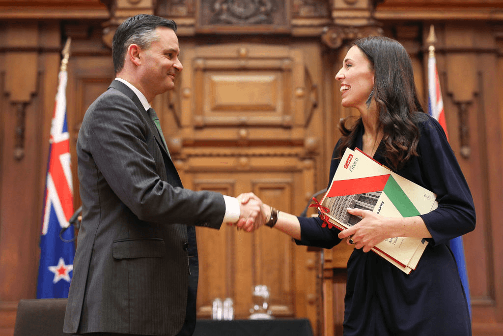 Jacinda Ardern and James Shaw at the confidence and supply agreement signing ceremony on October 24, 2017. (Photo: Hagen Hopkins/Getty Images) 
