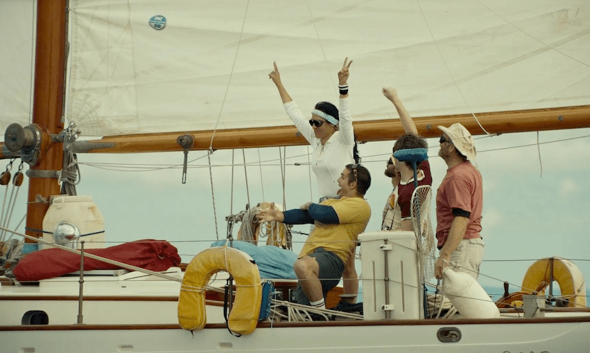 A screenshot from the new Steinlager ad telling the story of the 1995 peace flotilla to Mororua. 
