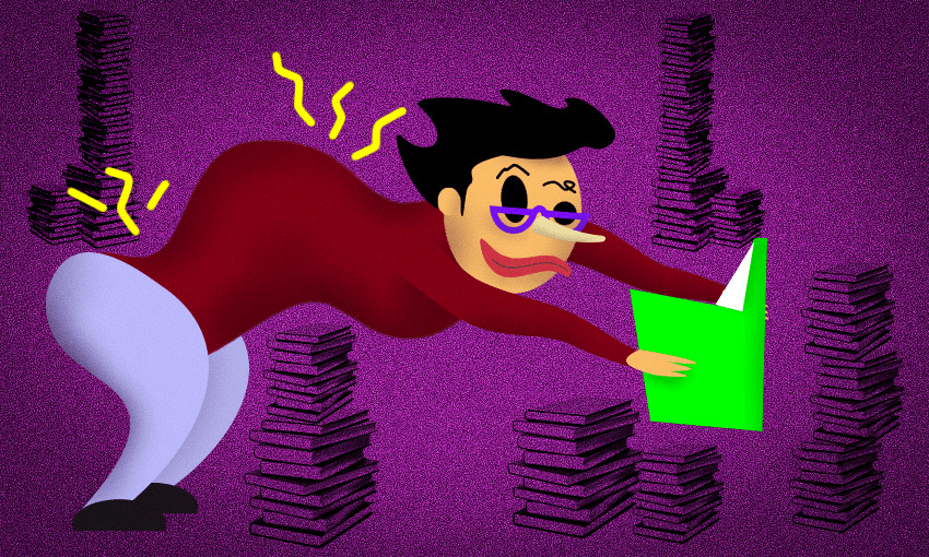 Illustration of person reading book with wonky back