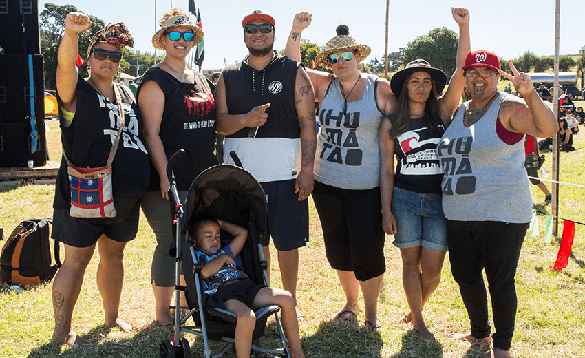 The six cousins behind the Protect Ihumātao campaign, from left, Bobbi-Jo Pihema, Moana Waa, Haki Wilson, Qiane Matata-Sipu, Pania Newton and Waimarie Rakena McFarland. (Photo: Jos Wheeler) 
