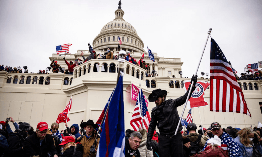 The scene at the Capitol, incited by the president, last week. Photo: Samuel Corum/Getty Images 
