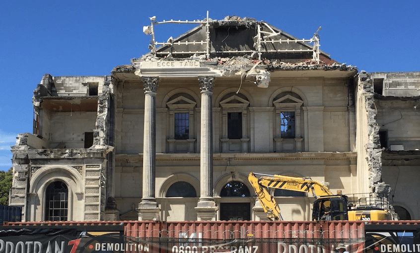 The Cathedral of the Blessed Sacrament as it appeared during demolition in December 2020. (Photo: Oliver Lewis) 
