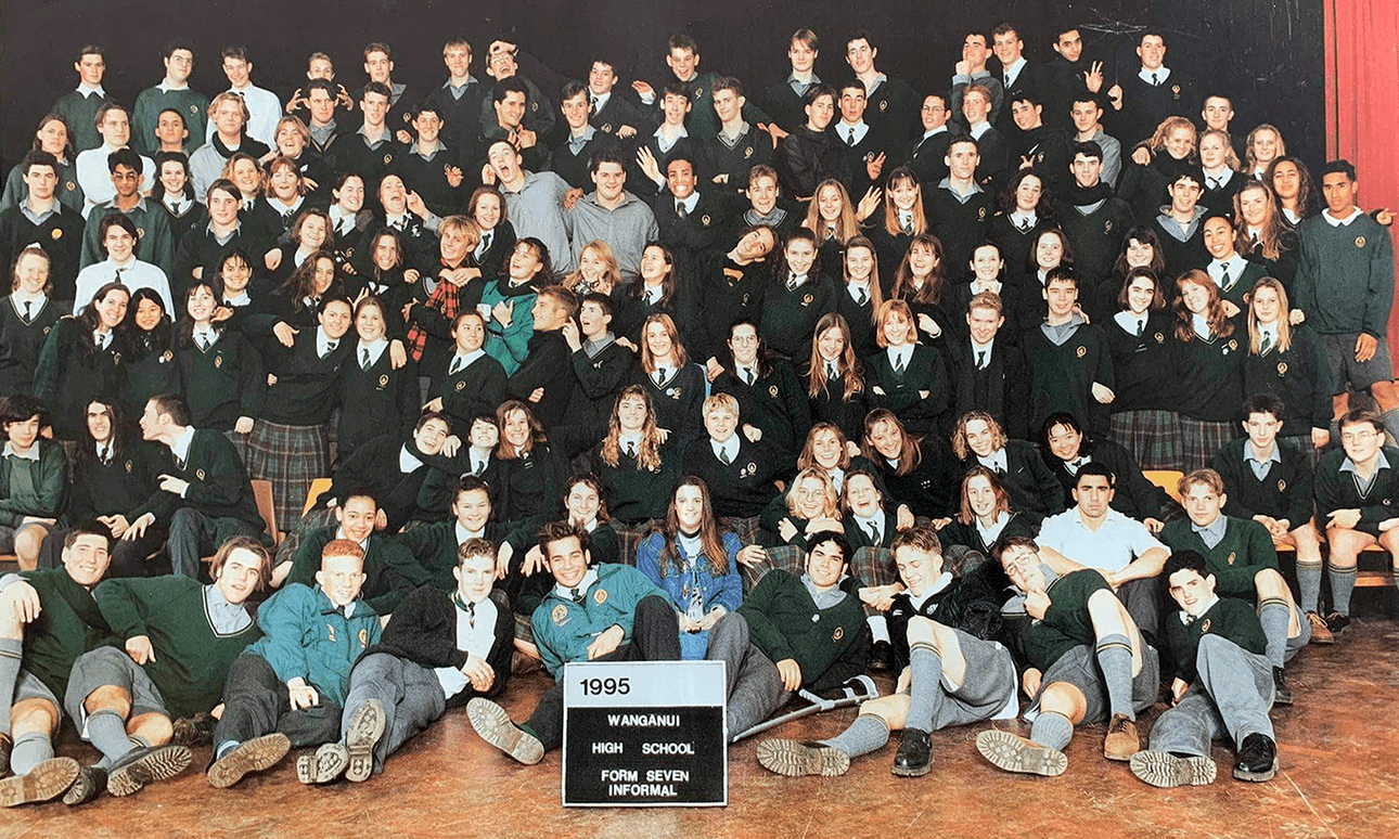 The class of 1995. The author is just behind the pair of boys in grey shirts, centre left 
