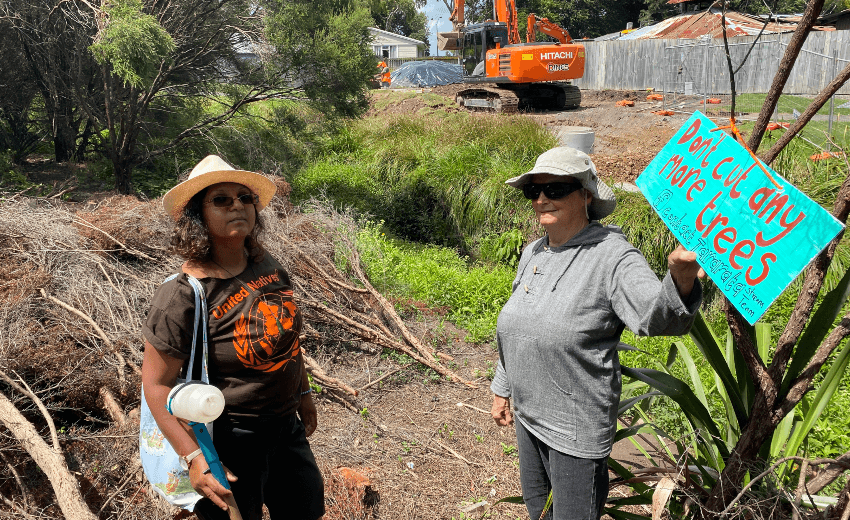 Tararata Stream team’s Pragna Patel and Julia Tu’ineau next to the felled trees. (Photo: Justin Latif)
