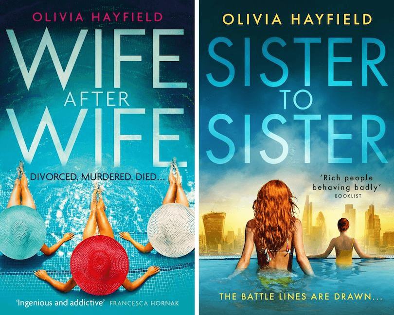 Two book covers: Wife After Wife, and Sister to Sister, by Olivia Hayfield