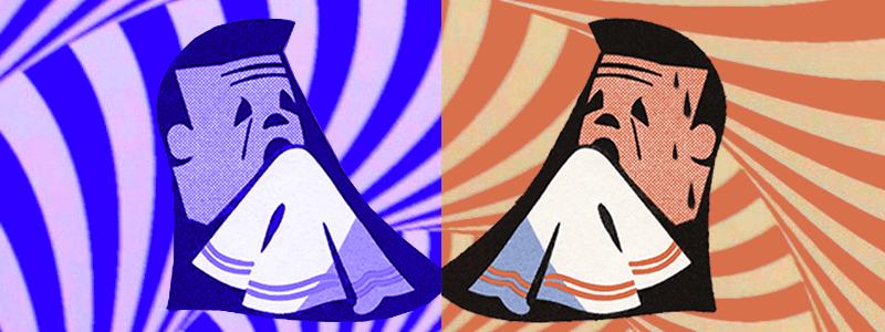 on the left, a man covering himself with a blanket. on the right, the same man mopping up sweat with a towel