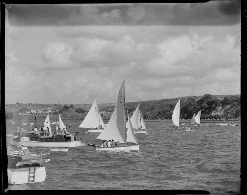 sail boats on the harbour for Auckland anniversary day, 1950