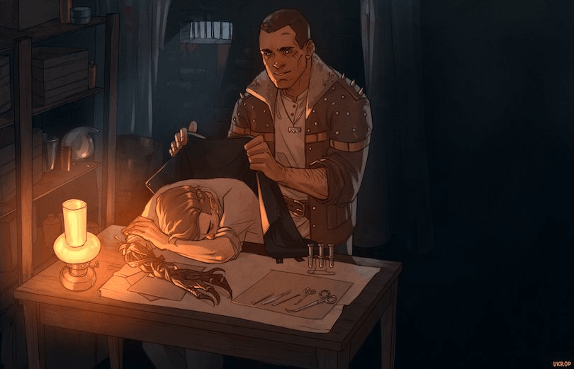 Illustration of a man placing a jacket over another man, who is sleeping with his head a desk