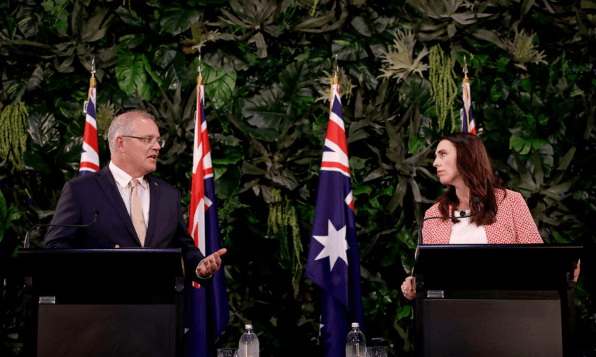 Australian Prime Minister Scott Morrison and New Zealand Prime Minister Jacinda Ardern in Auckland in 2019. (Photo by Phil Walter/Getty Images) 

