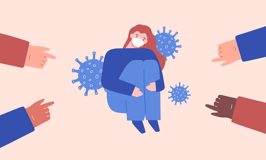 fingers pointing at woman with covid-19 illustration