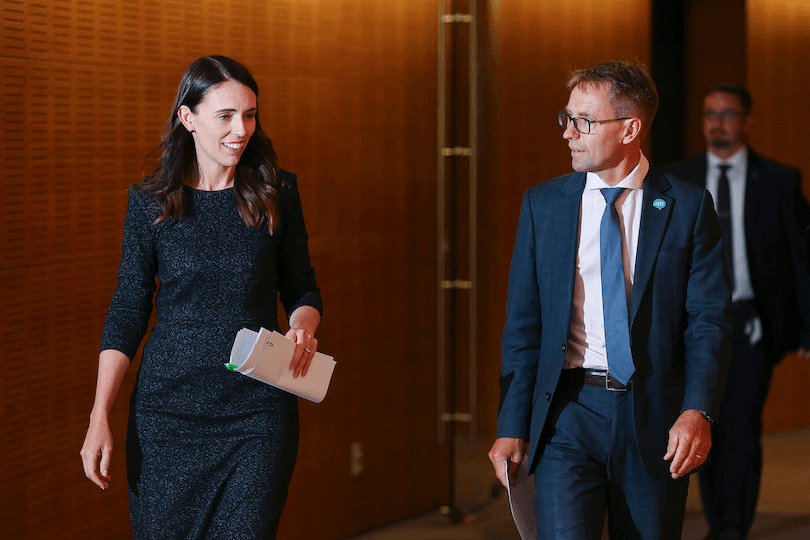 Jacinda Ardern and Ashley Bloomfield arrive at the Beehive for yesterday afternoon’s press conference (Photo: Hagen Hopkins/Getty Images) 
