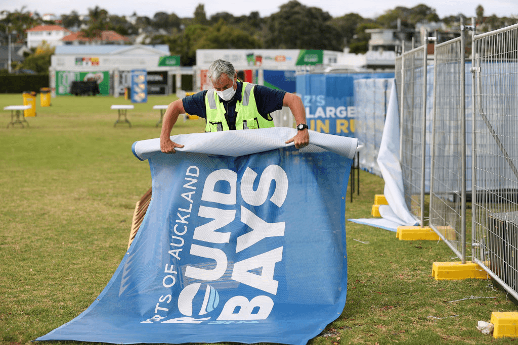 Philip MacDonald of Stuff Events begins the pack down at the St Heliers finish line for the 2021 Round the Bays fun run which was cancelled after Auckland went into level three lockdown. (Photo by Fiona Goodall/Getty Images) 
