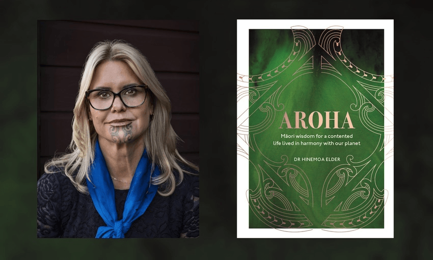 Head and shoulders portrait of Dr Hinemoa Elder alongside the cover of her book, Aroha