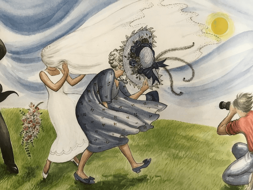 Illustration: at a wedding, on a windy day, a woman clutches her hat