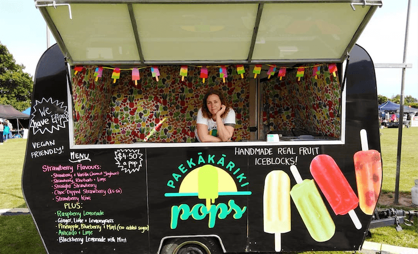 One half of Paekākāriki Pops, Amy Delahunty, in their ice block truck (Photo: Supplied) 
