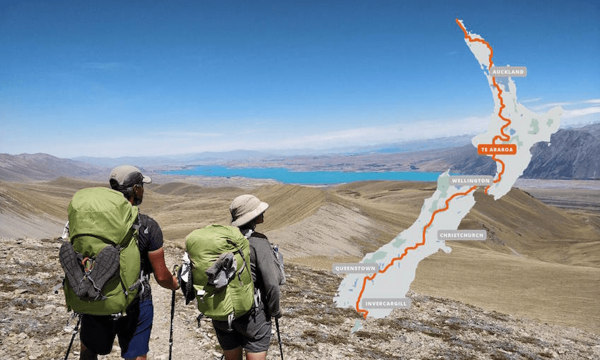 Tozan Delman and his wife on the Te Araroa trail, looking out over a mountain range. A map of the trail appears in the top right corner of the image.