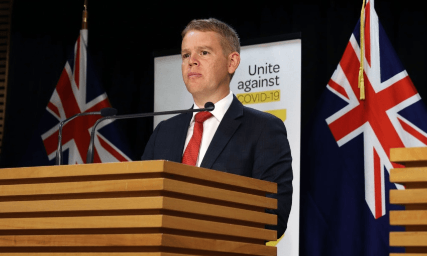 Covid-19 minister Chris Hipkins at a Beehive press conference (Photo: Getty Images) 
