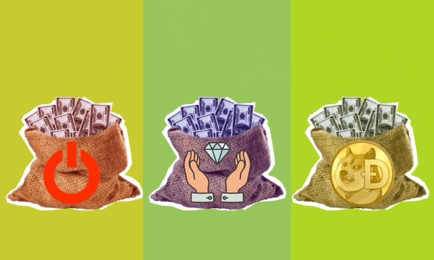 three bags of cash, each with a different emblem on them: gamestop, diamond hands, and dogecoin