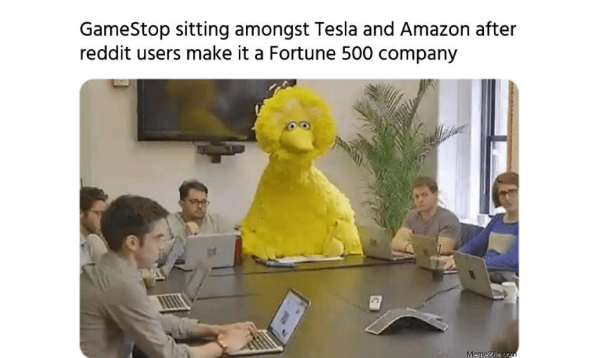 big bird from sesame st sits at a table with businessmen. caption says "GME sitting with Tesla and Amazon after reddit makes it a Fortune 500 company"
