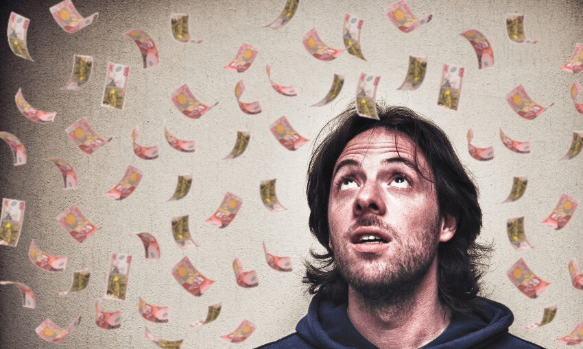 man with money notes falling on him