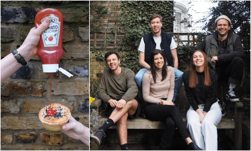 A Friday Pies pie; and the five co-founders, Andrew Pearson and Thomas Mills (L-R back) and Michael Hughes, Katy Loudon and Stephanie Armstrong (front) (Photos: Alice Peacock/Supplied) 
