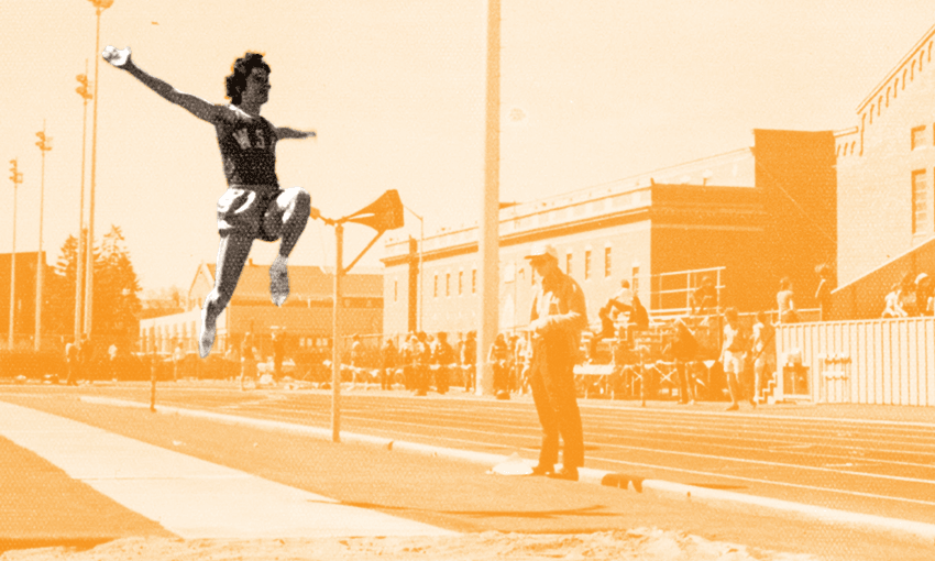 Tuariki Delamere performs a conventional hitch kick long jump (Image: Tina Tiller) 
