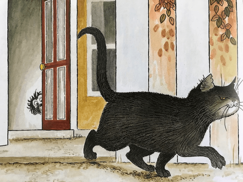 Illustration: big black cat strolls smugly away from a cowering terrier