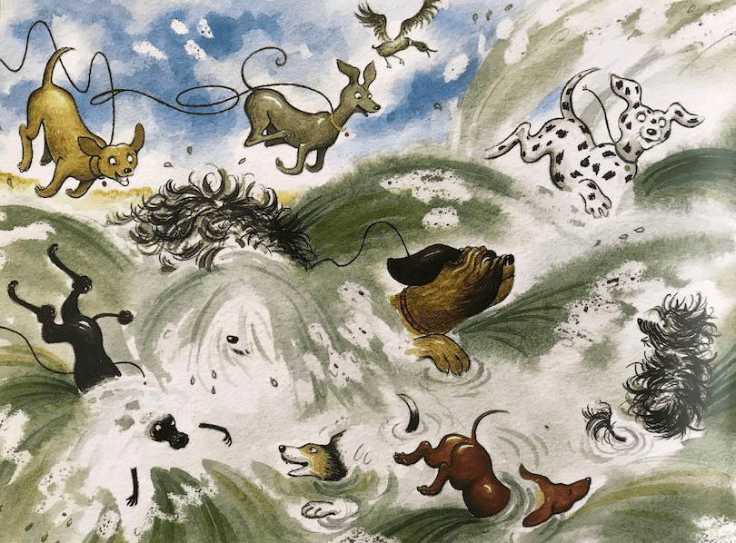 Illustration: dogs jumping delightedly into a pond