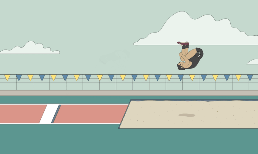 Artist’s impression of the somersault long jump (Illustration: SiewWee H’ng/Scratched) 
