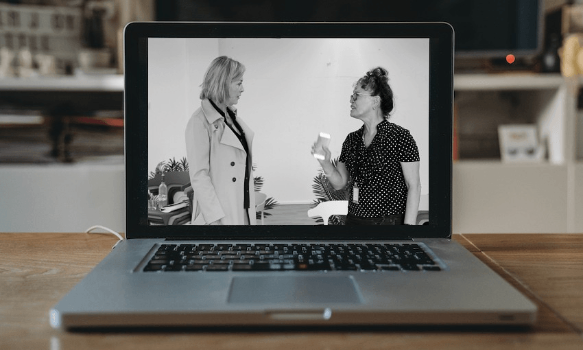 Jennifer Ward-Lealand and Rena Owen in rehearsal for Two Ladies on a computer screen