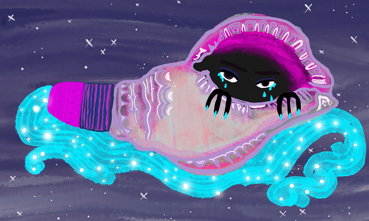 Hine Mokemoke is the goddess of the conch shell. Her sad, melodic voice resounds around the shell (Illustration: Te Kahureremoa Taumata) 
