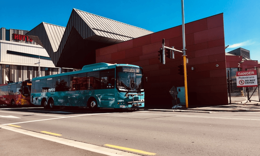 A bus pulls up outside the Christchurch Bus Interchange, a new facility built after the earthquakes.