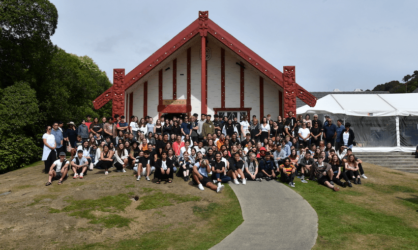 The beautiful Ōtākou Marae and some of the first year Māori students (Photo: Brian Treanor) 
