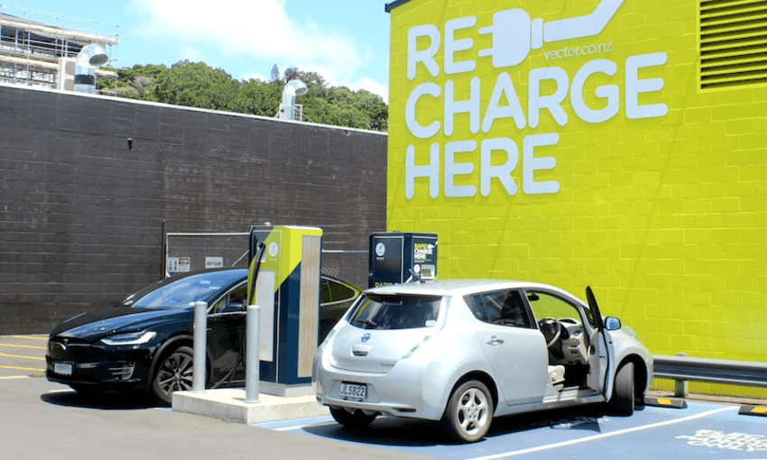 Electric vehicles charging at a station in Newmarket, Auckland. (supplied) 
