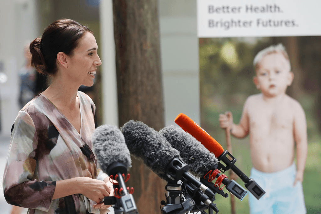 Jacinda Ardern speaks to media at Starship Hospital . (Photo by Greg Bowker/Getty Images) 
