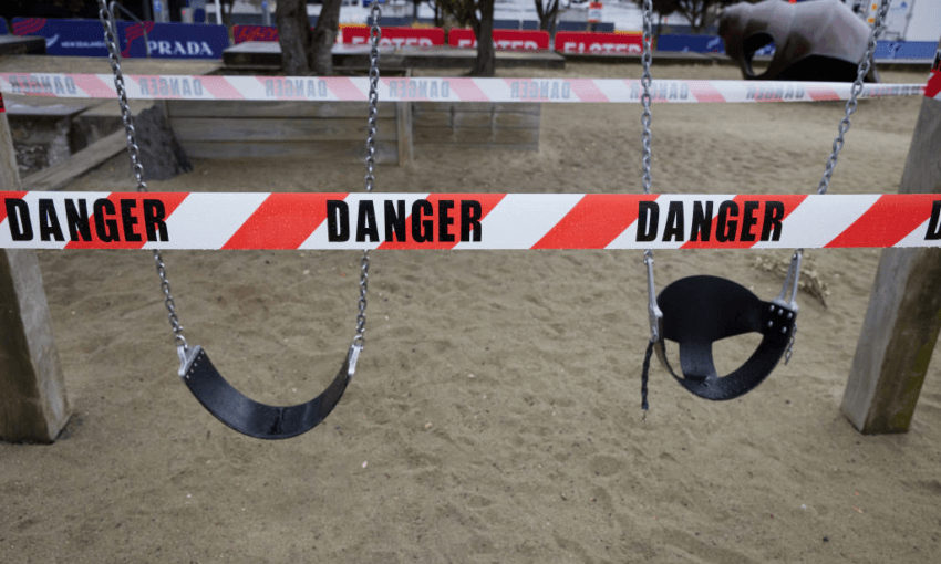 A downtown Auckland playground, taped off under alert level three restrictions. Photo: Brendon O’Hagan/Bloomberg via Getty Images