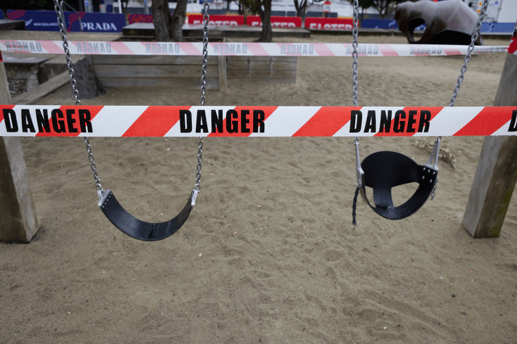 ‘Danger’ tape blocks access to a playground in downtown Auckland, on March 1, 2021, when the city was in level three lockdown (Photo: Brendon O’Hagan/Bloomberg via Getty Images) 

