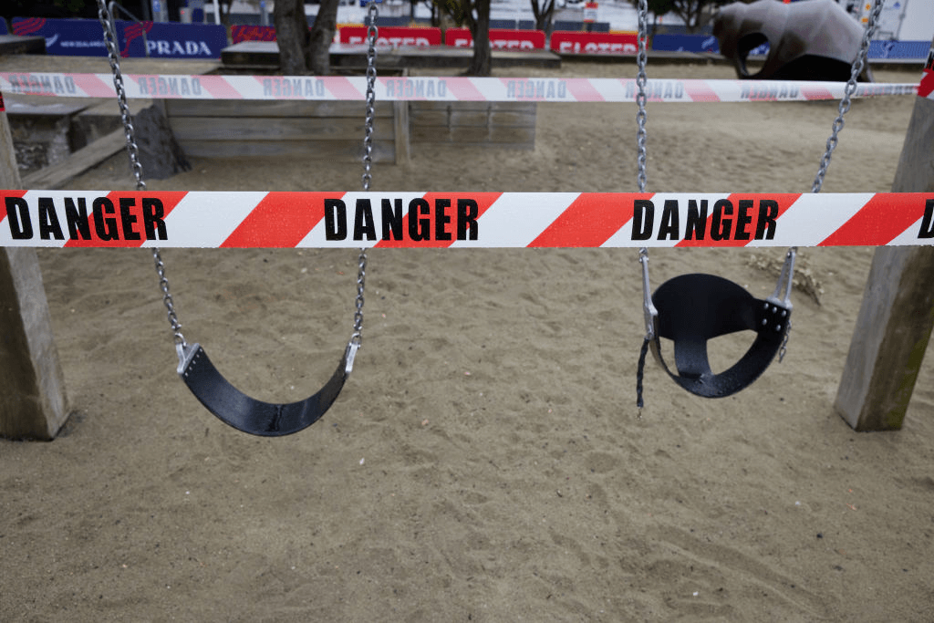 ‘Danger’ tape blocks access to a playground in downtown Auckland, on March 1, 2021, when the city was in level three lockdown (Photo: Brendon O’Hagan/Bloomberg via Getty Images)