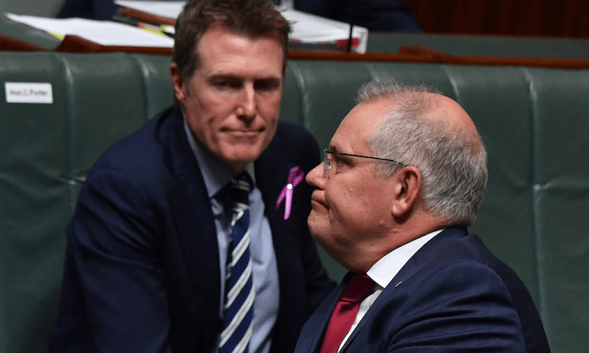 Australian attorney general Christian Porter and prime minister Scott Morrison in parliament on February 25 (Photo: Sam Mooy/Getty Images) 
