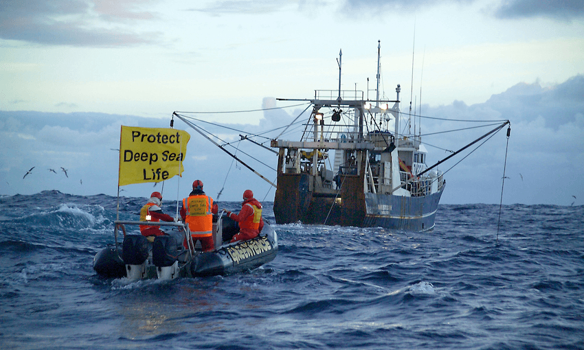 Activists monitor the trawler Westbay in the Tasman Sea (Photo: Malcolm Pullman) 
