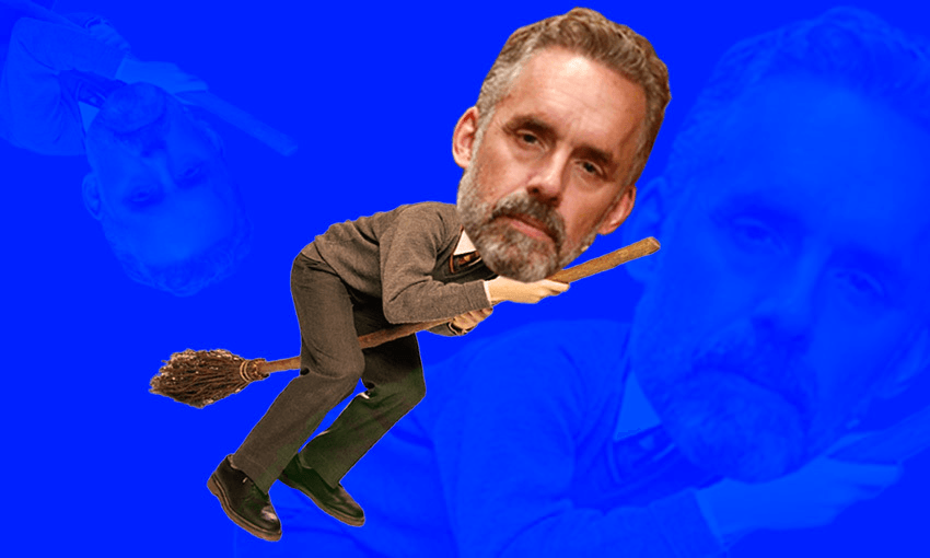 Jordan Peterson's face superimposed on Harry Potter riding a broomstick, on a blue background